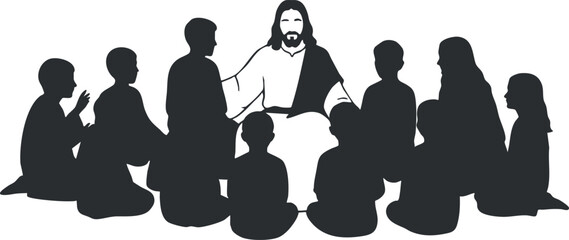 Silhouette vector illustration of Jesus teaching a group of disciples, ideal for religious and educational themes.