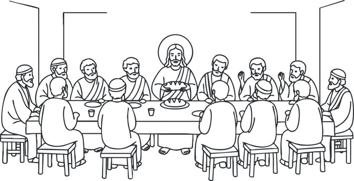 Line art illustration of the Last Supper featuring Jesus and his disciples, ideal for religious and educational contexts