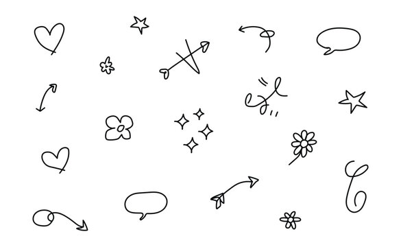 Cute hand drawn doodle pack with hearts stars arrows flowers and speech bubbles