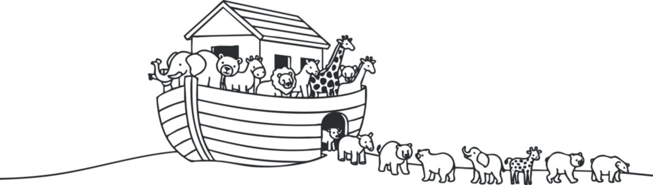Playful black and white vector illustration of Noah's Ark featuring animals and children, ideal for children's books and educational materials