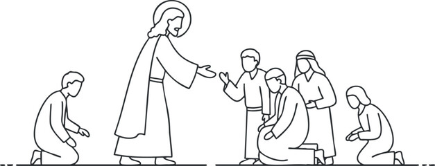 Minimalist line art illustration of Jesus interacting with followers in a spiritual and religious context for faith-based projects