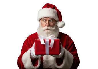 Portrait of santa claus holding a red gift box with white ribbon isolated on transparent background