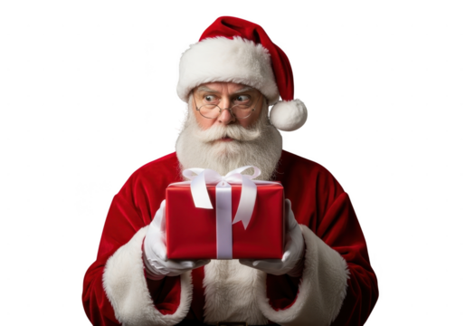Portrait of santa claus holding a red gift box with white ribbon isolated on transparent background