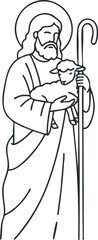 Fototapeta premium Line art illustration of a shepherd holding a lamb, symbolizing care and protection in religious contexts