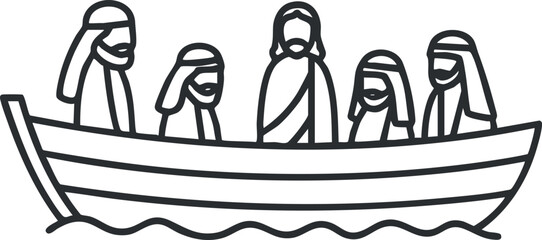Minimalist line art vector illustration of people in a boat, representing a religious and spiritual theme for storytelling and design projects