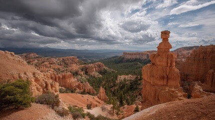 Landscape photograph of bryce canyon national park in utah, united states. the sky is filled with dark, ominous clouds that are covering the entire sky.