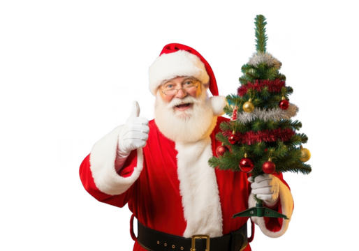 Cheerful santa claus in red suit holding small decorated christmas tree and giving thumbs up gesture isolated on transparent background