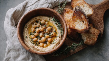 Bowl of hummus with chickpeas and herbs on top. the bowl is made of clay and is placed on a wooden cutting board.