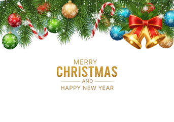Merry christmas and happy new year greeting card template with festive fir branch border, ornaments, candy cane, and golden bell isolated on transparent background
