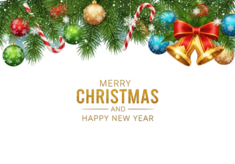 Merry christmas and happy new year greeting card template with festive fir branch border, ornaments, candy cane, and golden bell isolated on transparent background