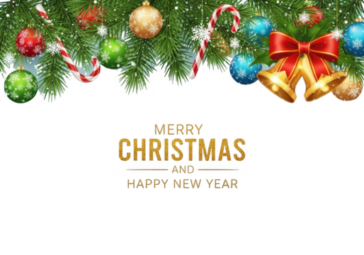 Merry christmas and happy new year greeting card template with festive fir branch border, ornaments, candy cane, and golden bell isolated on transparent background