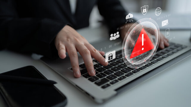 Red warning triangle representing a cybersecurity threat or data breach alert, surrounded by digital security and network protection icons, symbolizing cyber risk awareness Parse