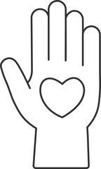 Flat vector line art of a raised open hand with a heart in the center, on a white background