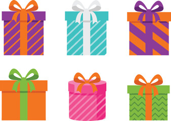 Colorful gift box collection with ribbons, festive present illustrations, decorative wrapped packages, celebration elements for holidays, birthdays, and special occasions