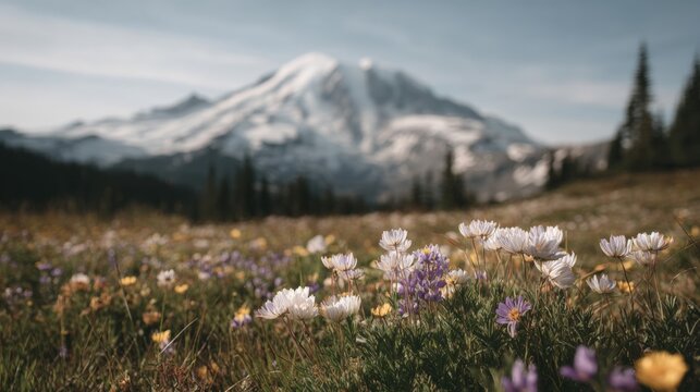 Landscape photograph of a mountain range with a field of wildflowers in the foreground. the field is filled with a variety of colorful flowers in shades of pink, purple, yellow, and white. - Powered by Adobe