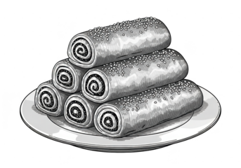 Stack of six sweet pastry rolls with poppy seed filling served on a plate, isolated on transparent background, black and white engraving style