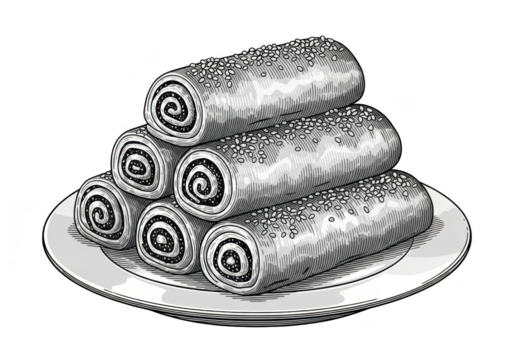 Stack of six sweet pastry rolls with poppy seed filling served on a plate, isolated on transparent background, black and white engraving style