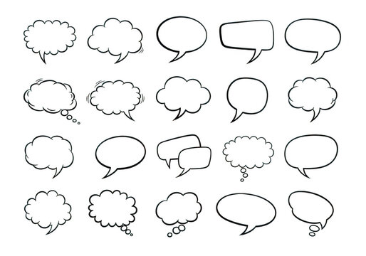 Collection of various hand drawn speech bubble and thought cloud shapes for comic book design, isolated on transparent background