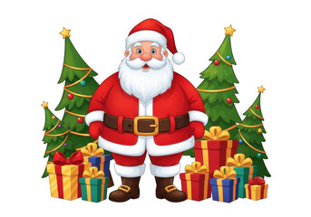 Cute cartoon santa claus standing between decorated christmas trees with many colorful gift boxes isolated on transparent background