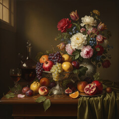 A photorealistic still life of fruits and flowers in the style of the Dutch masters. © Oleg Zhukov