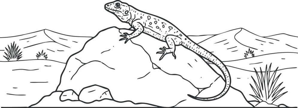 Outline illustration of a lizard perched on a rock in a desert landscape, suitable for educational and artistic projects