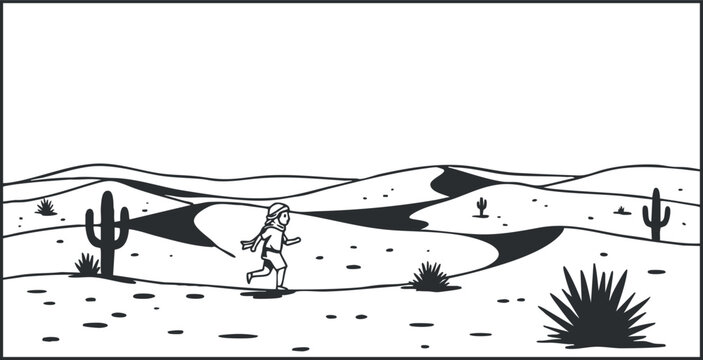 Minimalist black and white vector illustration of a runner in a desert landscape, ideal for outdoor fitness themes