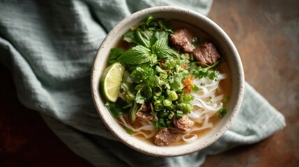 Close-up of a bowl of vietnamese noodle soup. the bowl is made of ceramic and is placed on a wooden table with a green cloth napkin on the side.