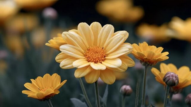 A stunning close-up view of vibrant yellow flowers, likely a type of daisy or chrysanthemum, blooming against a softly blurred, dark background. The shallow depth of field highlights the delicate peta