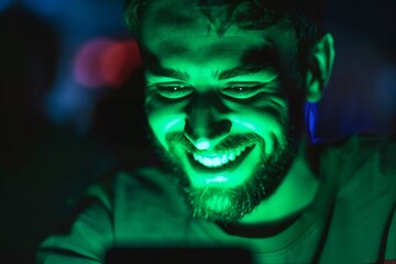 Man smiling engaging with screen technology glowing green light