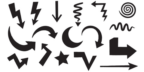 Hand-drawn arrow collection, black and white vector illustration