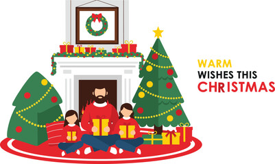 Family celebrating Christmas by fireplace, decorated tree, holiday gifts, warm festive home scene, cozy winter illustration with joyful seasonal atmosphere