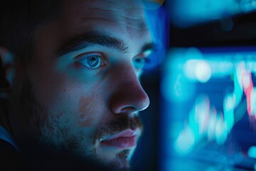 Man intently viewing financial data on computer screen