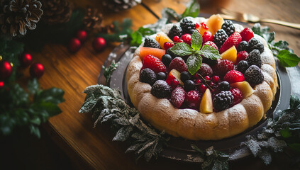 Fototapeta premium Galette des rois provençale aux fruits frais décorée de baies, agrumes et feuilles vertes sur table en bois pour visuel d’Épiphanie lié aux rois mages et à la tradition de début janvier