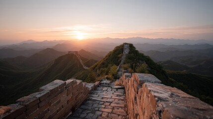 The great wall of china at sunrise. the sky is a beautiful orange and pink color, with the sun setting in the background.