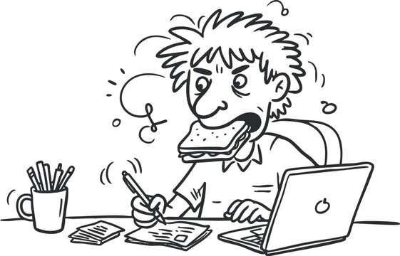 Funny cartoon illustration of a busy office worker eating while writing notes at a laptop, showcasing a humorous take on multitasking.