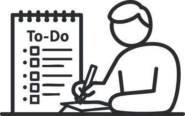 Minimalist outline vector illustration of a person writing a to-do list for organization and productivity projects