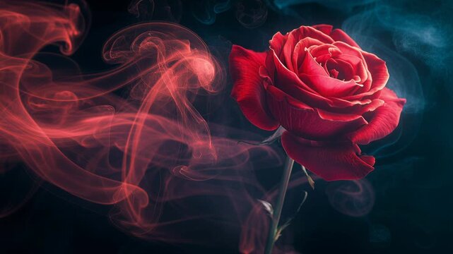 red rose in drifting smoke, macro close-up of textured petals dusted with dewdrops and fine particles, swirling crimson mist forms moody cinematic backdrop,