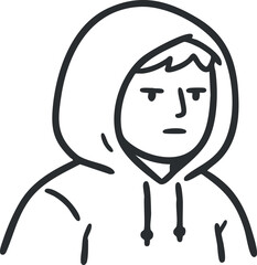 Obraz premium Outline vector illustration of a young person wearing a hoodie, expressing a thoughtful attitude for casual design projects