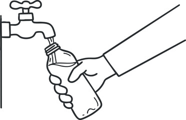 Outline vector illustration of a hand filling a water bottle from a tap, suitable for eco-friendly and hydration concepts