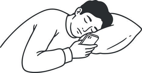 Obraz premium Minimalist outline vector illustration of a person lying in bed using a smartphone for relaxation and leisure.