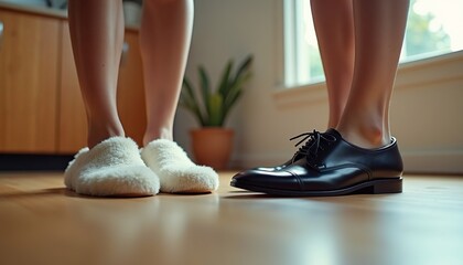 Whimsical contrast of cozy home slippers and polished formal shoes in soft natural light, symbolizing work–life balance, morning routine, and lifestyle choices. Perfect for banners and ads.