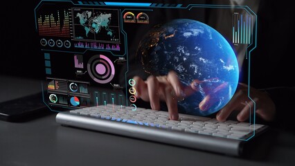 High-tech global network connection interface showing worldwide digital communication, data exchange, and internet connectivity. Global connection, data interaction, and worldwide communication. Thunk