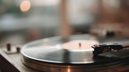 Close-up of a turntable with a vinyl record on it. the record is in the center of the image, with the needle pointing towards the right side of the record.