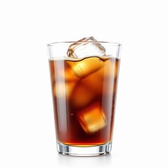 A refreshing glass of dark soda with ice cubes, isolated on white background