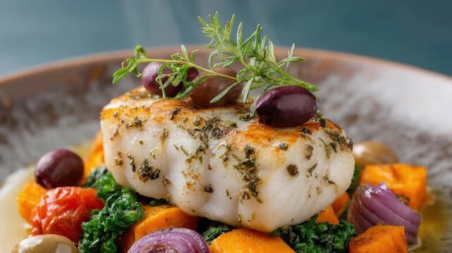 A succulent, flaky white fish fillet is presented beautifully, seared to a golden perfection and generously seasoned with a medley of aromatic green herbs. It rests elegantly atop a vibrant bed of roa