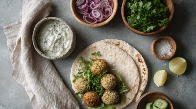 Flat lay of various food items arranged on a gray textured background. on the left side of the image, there is a small bowl of creamy white sauce with red onions and cilantro in it.