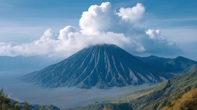 A sweeping, panoramic vista captures a majestic, perfectly conical mountain rising dramatically under a vibrant blue sky adorned with soft, voluminous white clouds. The ancient peak is flanked by a va