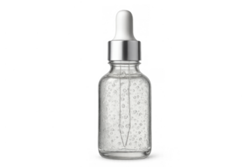 Serum dropper bottle with translucent liquid on transparent background, showcasing skincare cosmetics product mockup