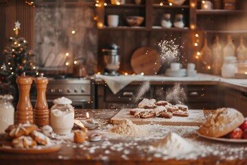Christmas baking cookies in cozy rustic kitchen with festive lights