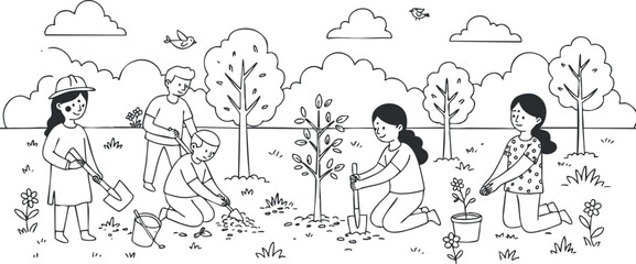 Illustration of a community tree planting event featuring families and children engaged in gardening activities in a natural setting